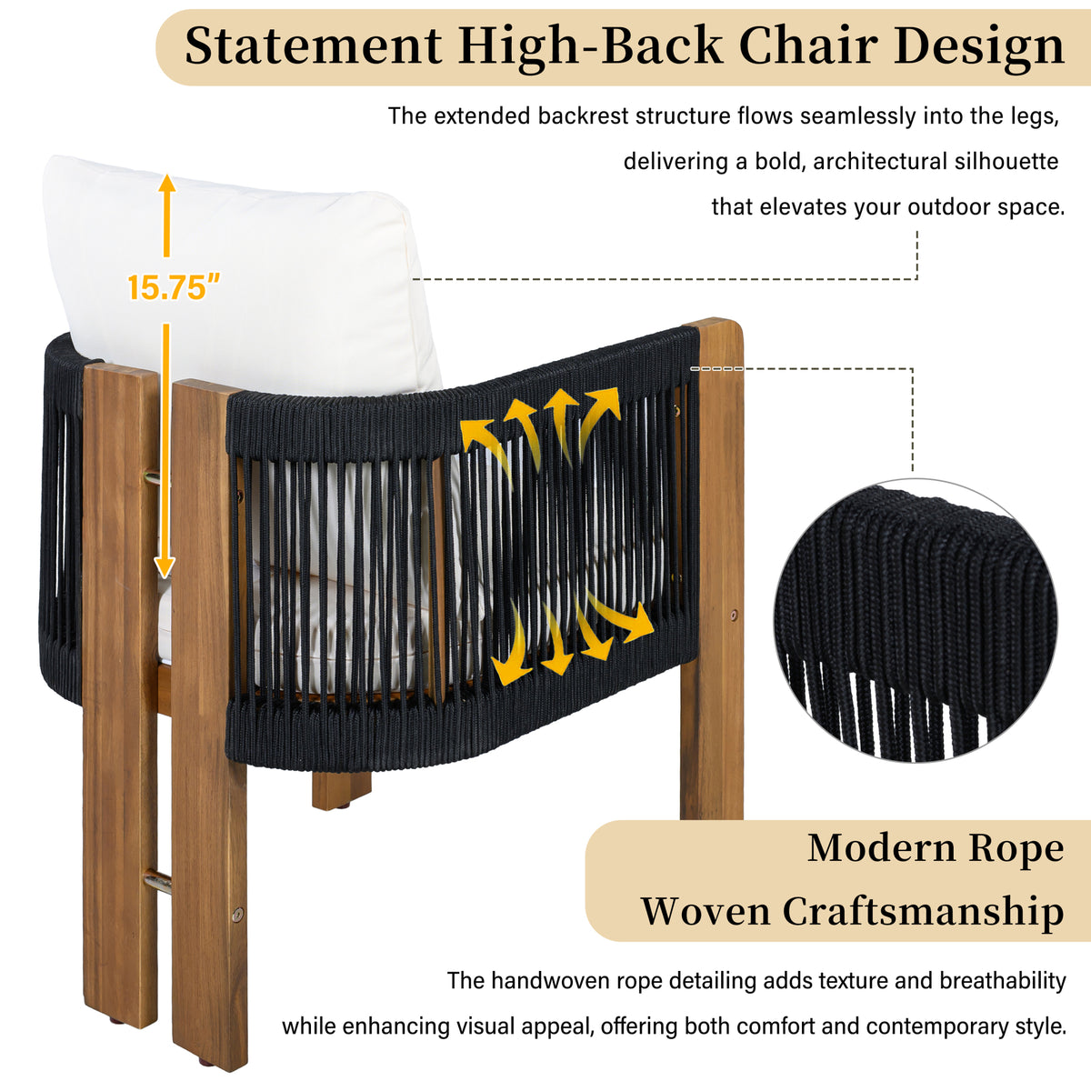 variant-group:rf-n711wy000496aab|Roomfitters 5-Piece Rope Woven Outdoor Dining Set, Farmhouse Solid Acacia Table, 4 Chairs Pack, Black and Brown
