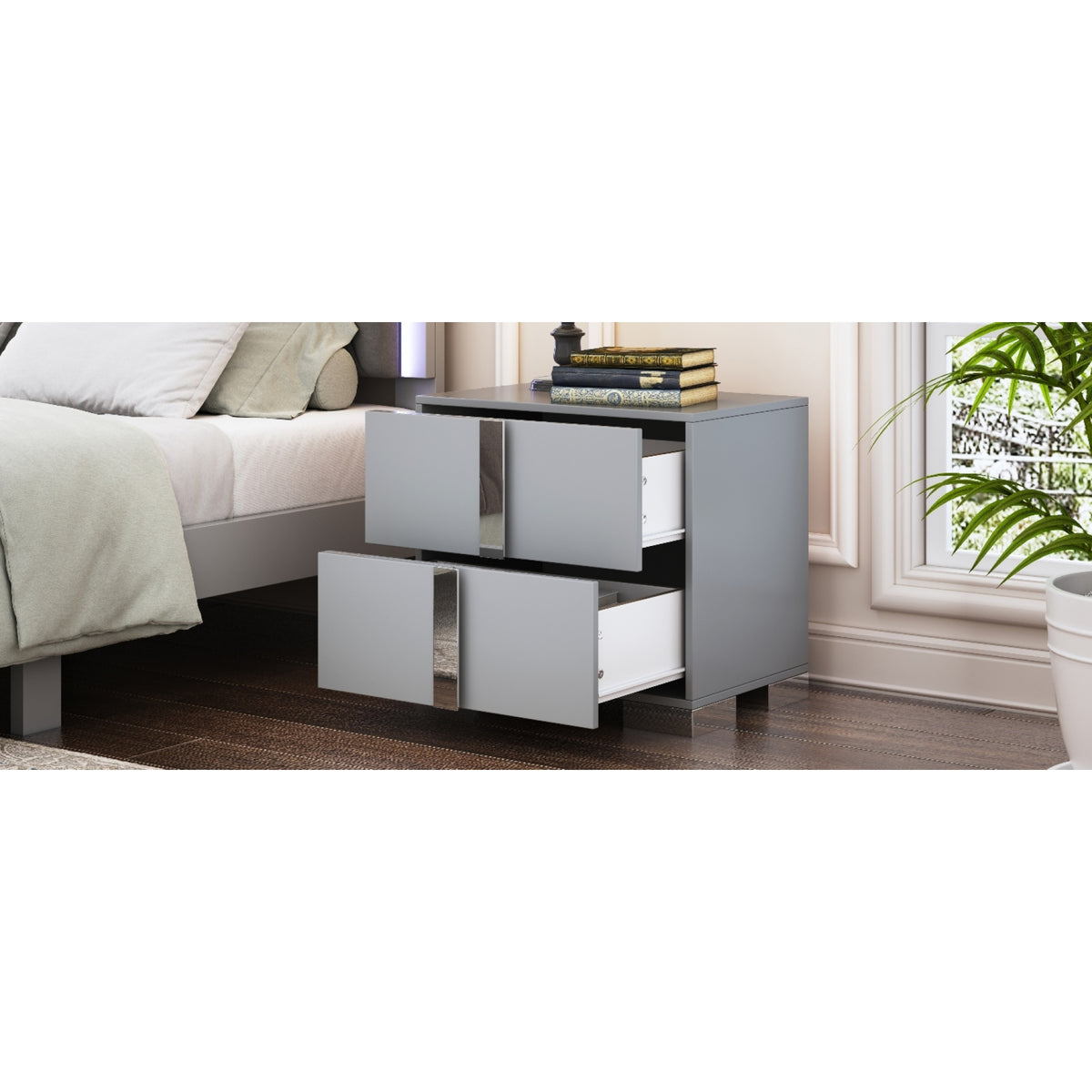 variant-group:rf-n733p307938g|Roomfitters Elegant Mirrored Nightstand with 2 Drawers and Metal Handle, Bedside Table for Bedroom or Living Room, Gray