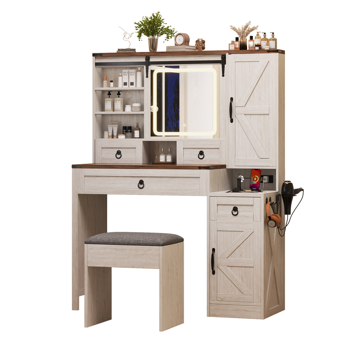 variant-group:rf-n733p340562k|Roomfitters Farmhouse Vanity Desk with Sliding Mirror & Lights, Glass Top, Charging Station, 4 Drawers, 2 Cabinets, Stool, White