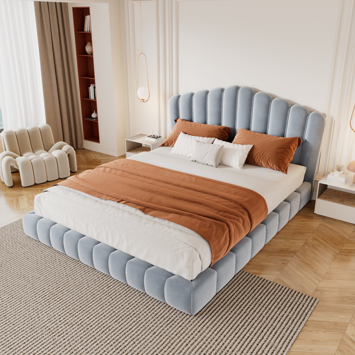 Roomfitters Queen Size Shell-Shaped Velvet Upholstered Platform Bed, Channel Tufted Headboard, No Box Spring Needed, Light Blue Roomfitters