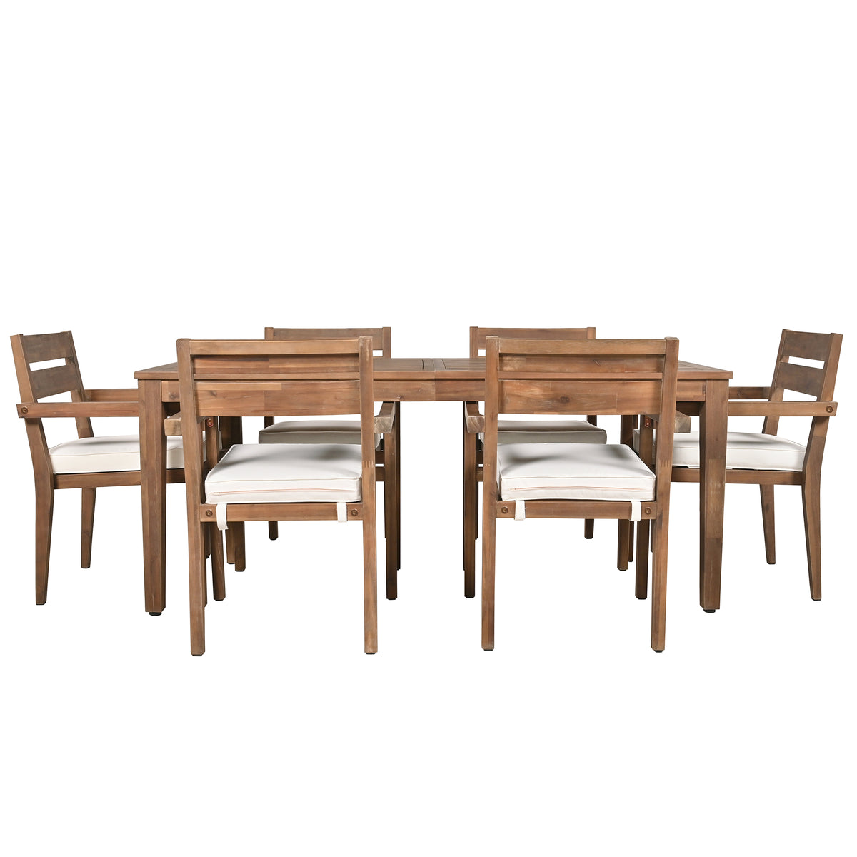 variant-group:rf-n711wy000459aad|Roomfitters 7-Piece Acacia Wood Outdoor Dining Set with Cushions, 6 Armchairs and Rectangular Table for Patio Garden, Burly Wood