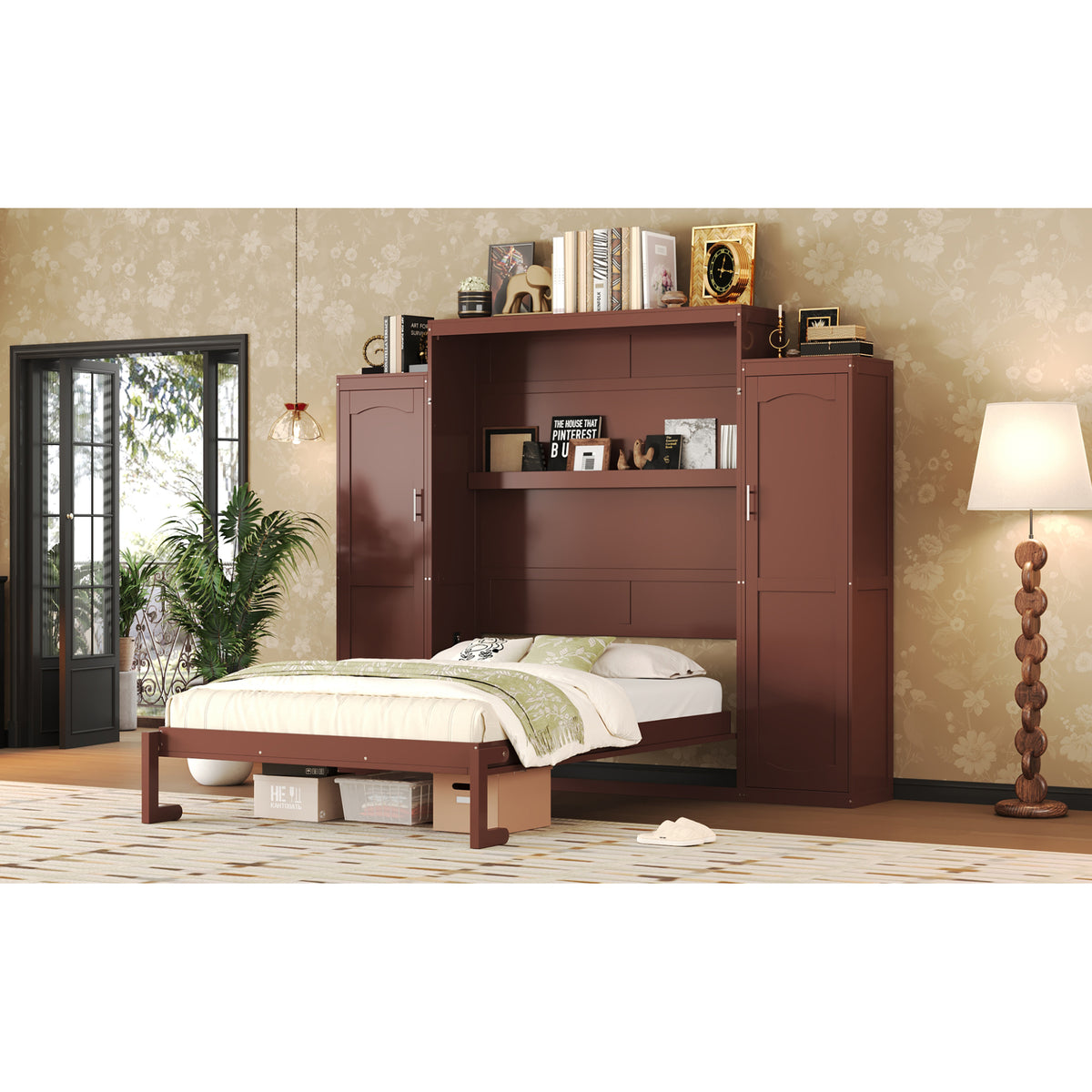 variant-group:rf-n733s235627d|Roomfitters Queen Murphy Wall Bed with Two Wardrobes and Storage Shelf, Foldable Platform Bed Frame for Guest Room, Walnut
