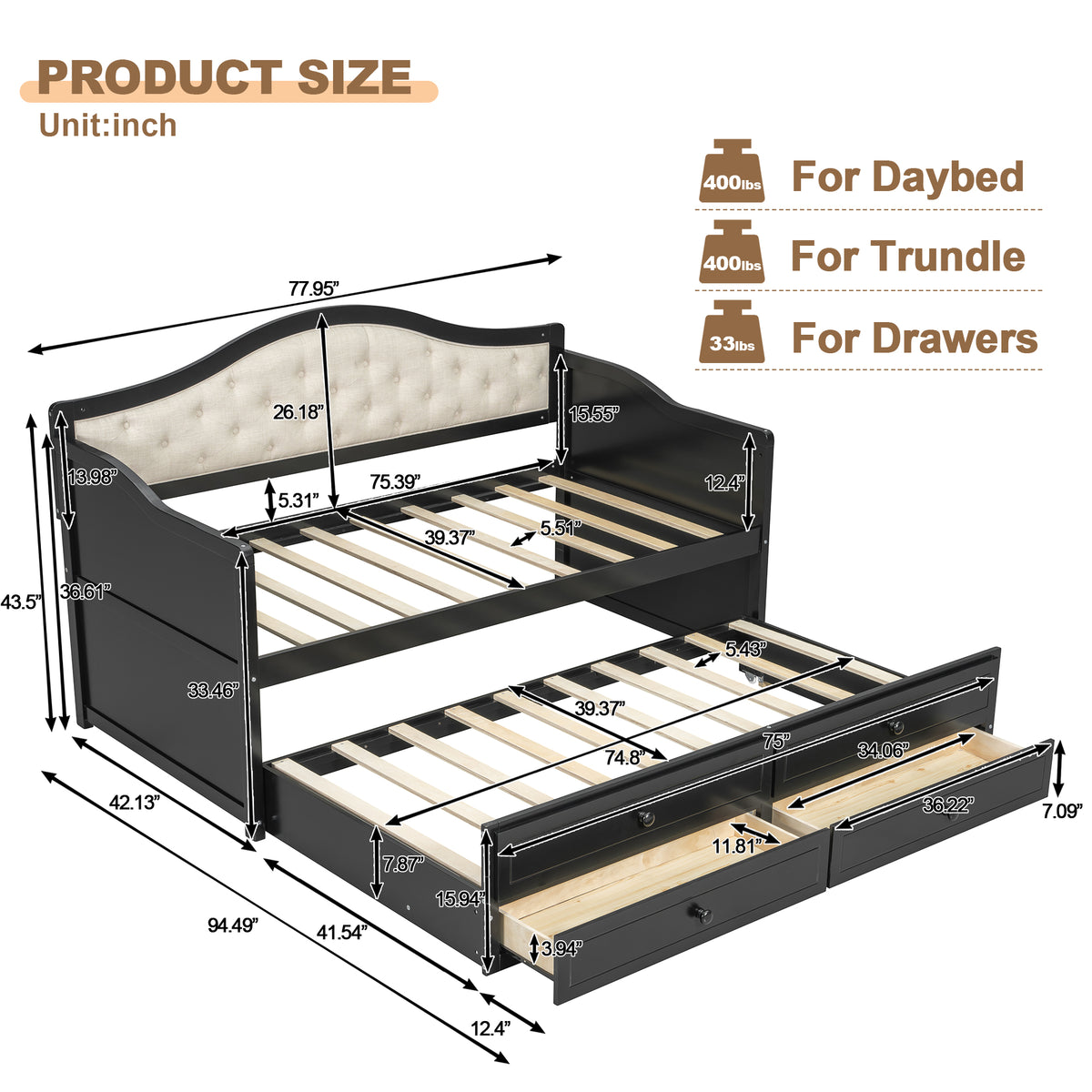 variant-group:rf-n733s346767p|Roomfitters Twin Daybed with Trundle, Wooden Sofa Bed with 2 Storage Drawers & Tufted Backrest, Black