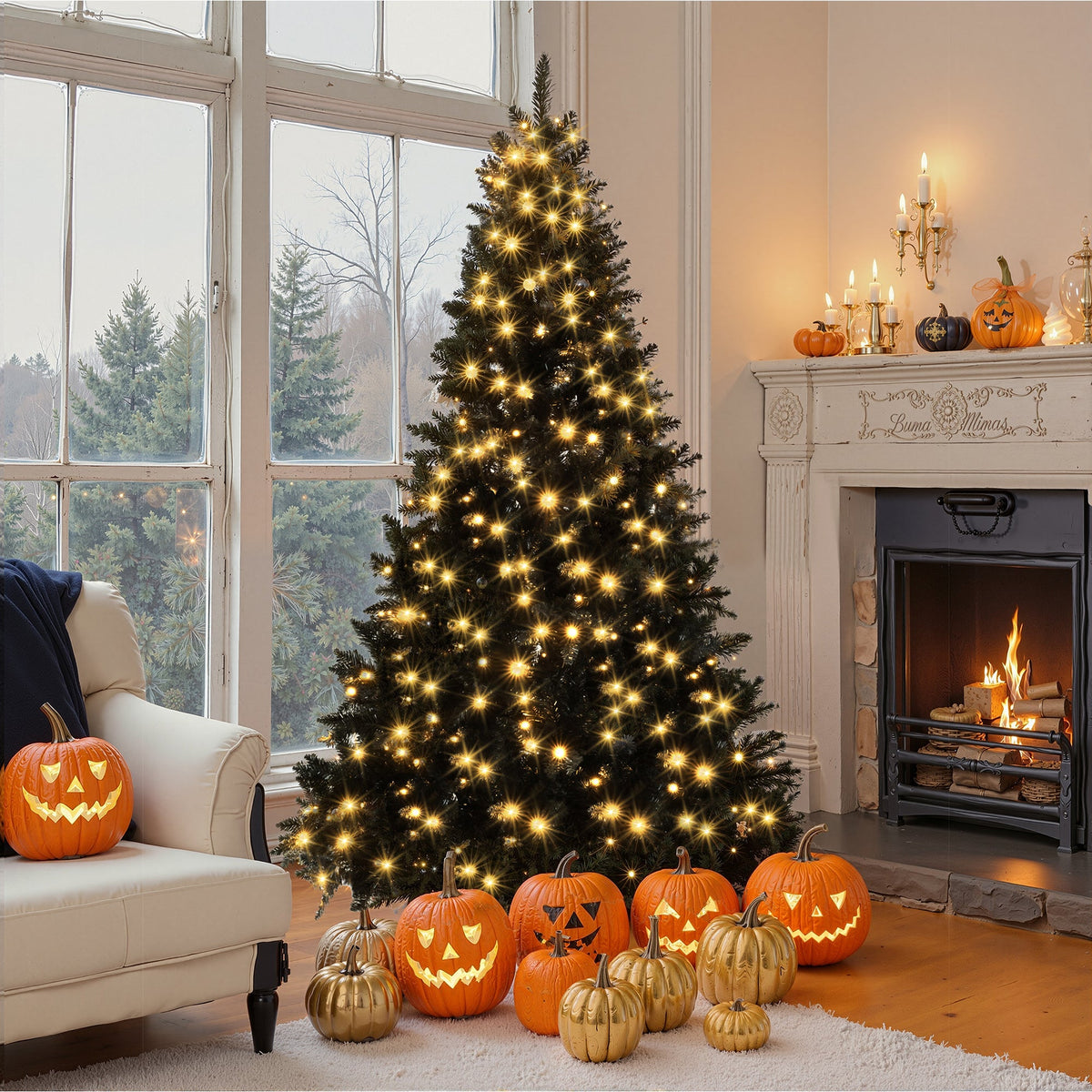Roomfitters Pre-Lit Black Artificial Christmas Tree 6FT, Hinged Holiday Spruce Tree with 920 Tips and Color-Changing Lights Roomfitters