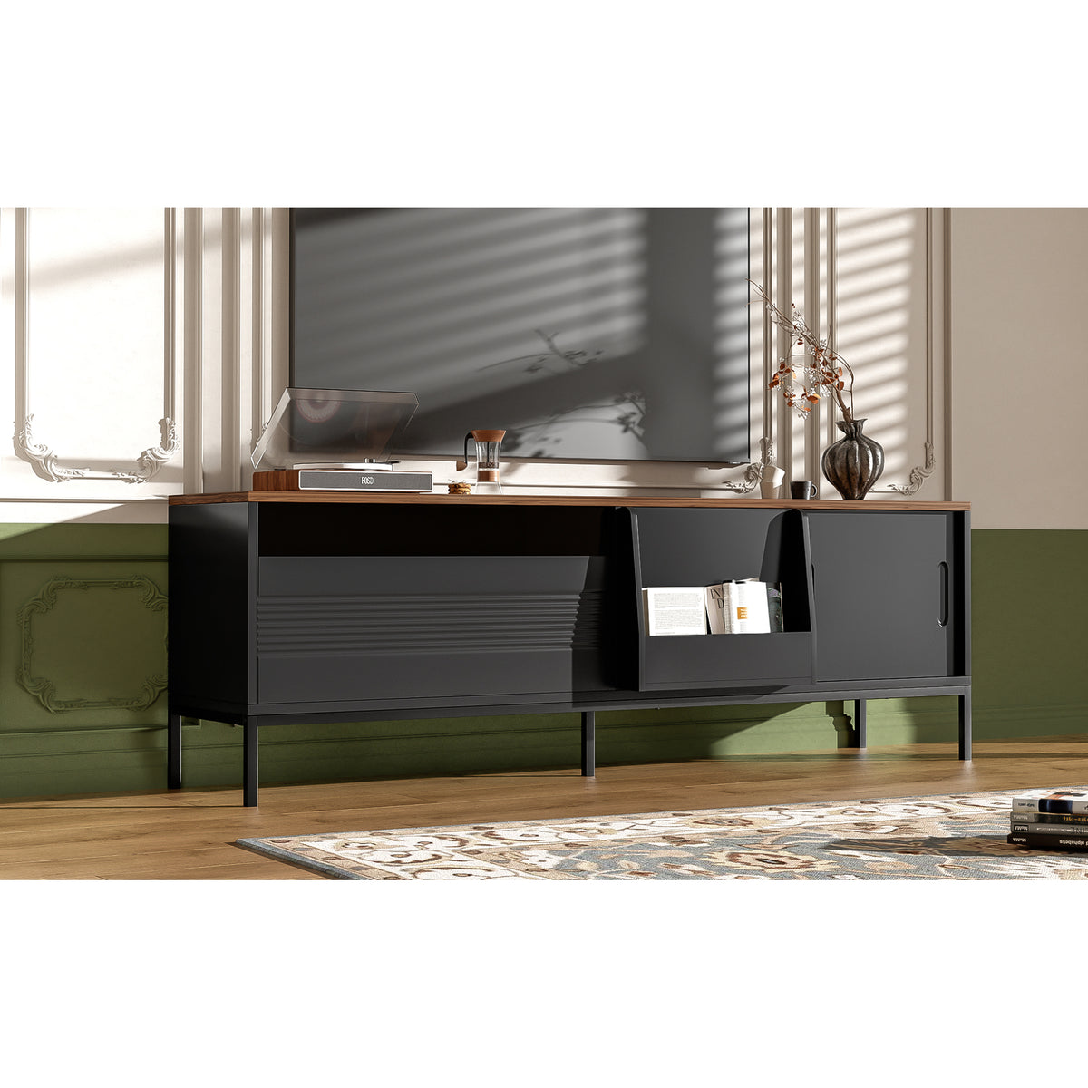 variant-group:rf-n724p360370b|Roomfitters Mid-Century Modern 70" TV Stand Console with Sliding Doors, Black