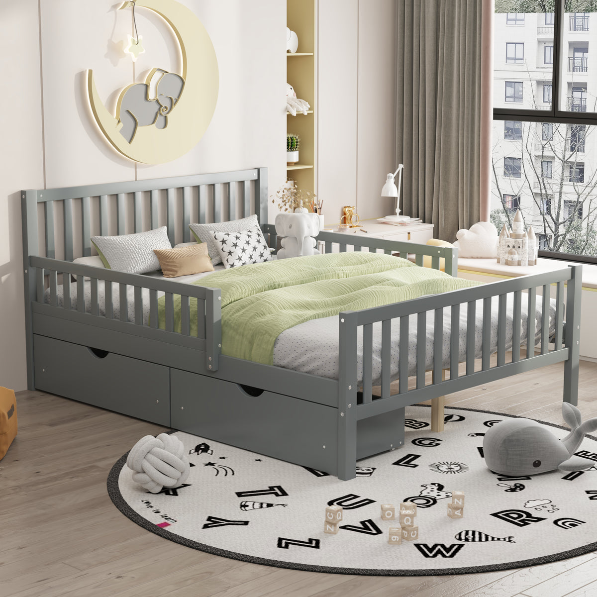 variant-group:rf-n733p172700e|Roomfitters Full Size Wood Platform Bed with Guardrails and Two Storage Cabinets, Grey