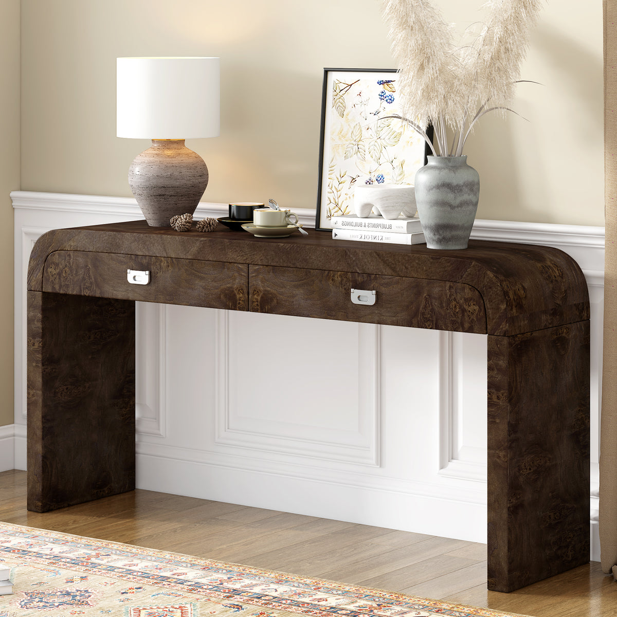 variant-group:rf-n711p216235p|Roomfitters 60'' Modern Wooden Console Table with 2 Storage Drawers, Burl Veneer Entryway Table with Metal Handles for Living Room, Hallway or Office, Dark Brown