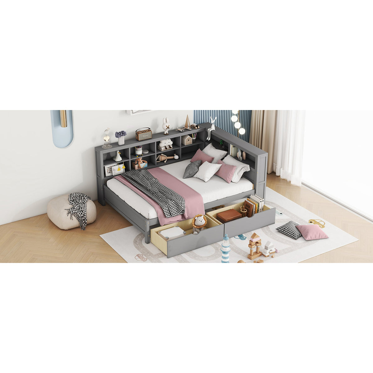 Roomfitters Wooden Full Size Daybed with Versatile Storage Shelf and USB Charging Ports, Functional Design for Modern Living, Grey