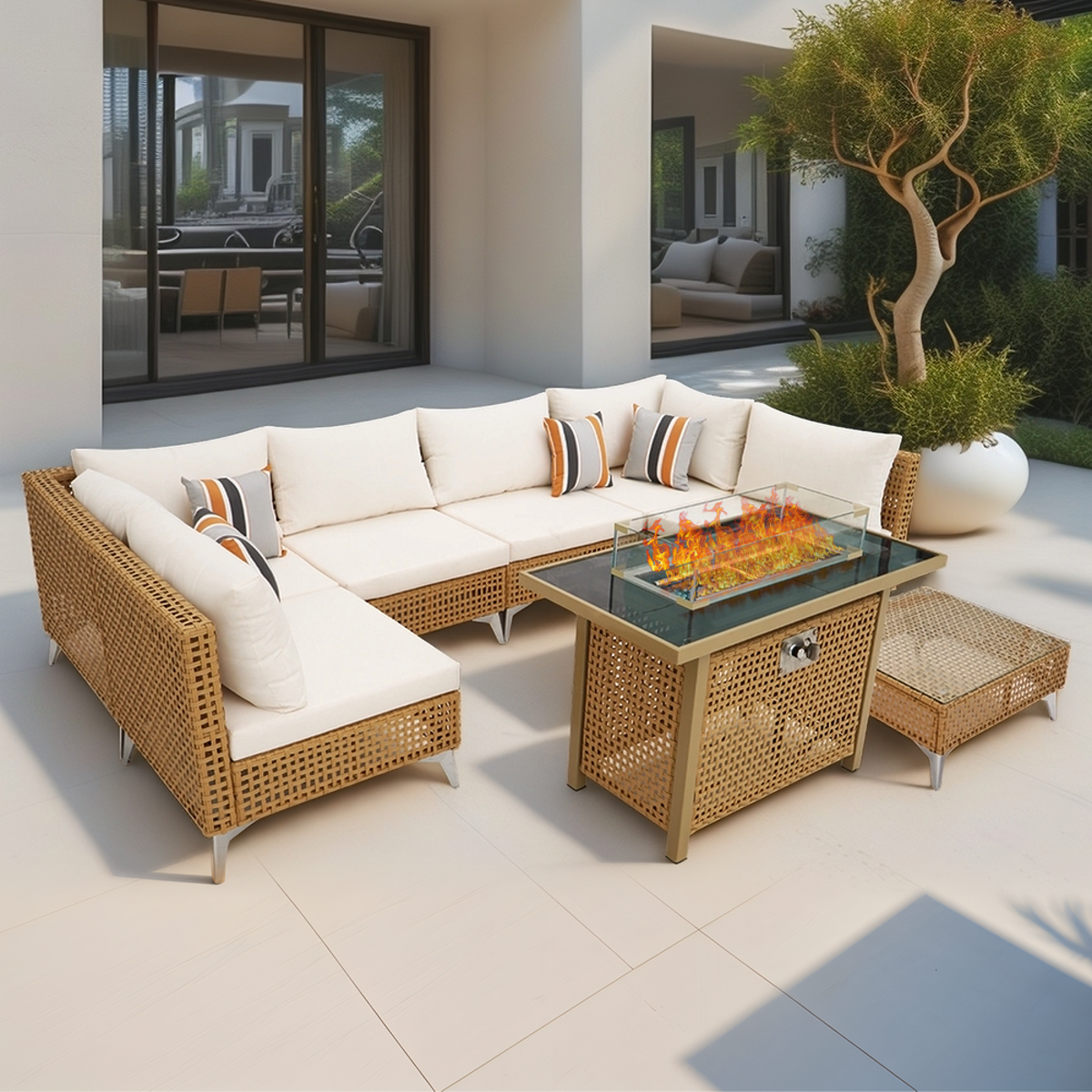 variant-group:rf-n707s000012z|Roomfitters 8-Piece Patio Furniture Set with 43" Fire Pit Table, Outdoor Conversation Set with Thick Cushions, Beige