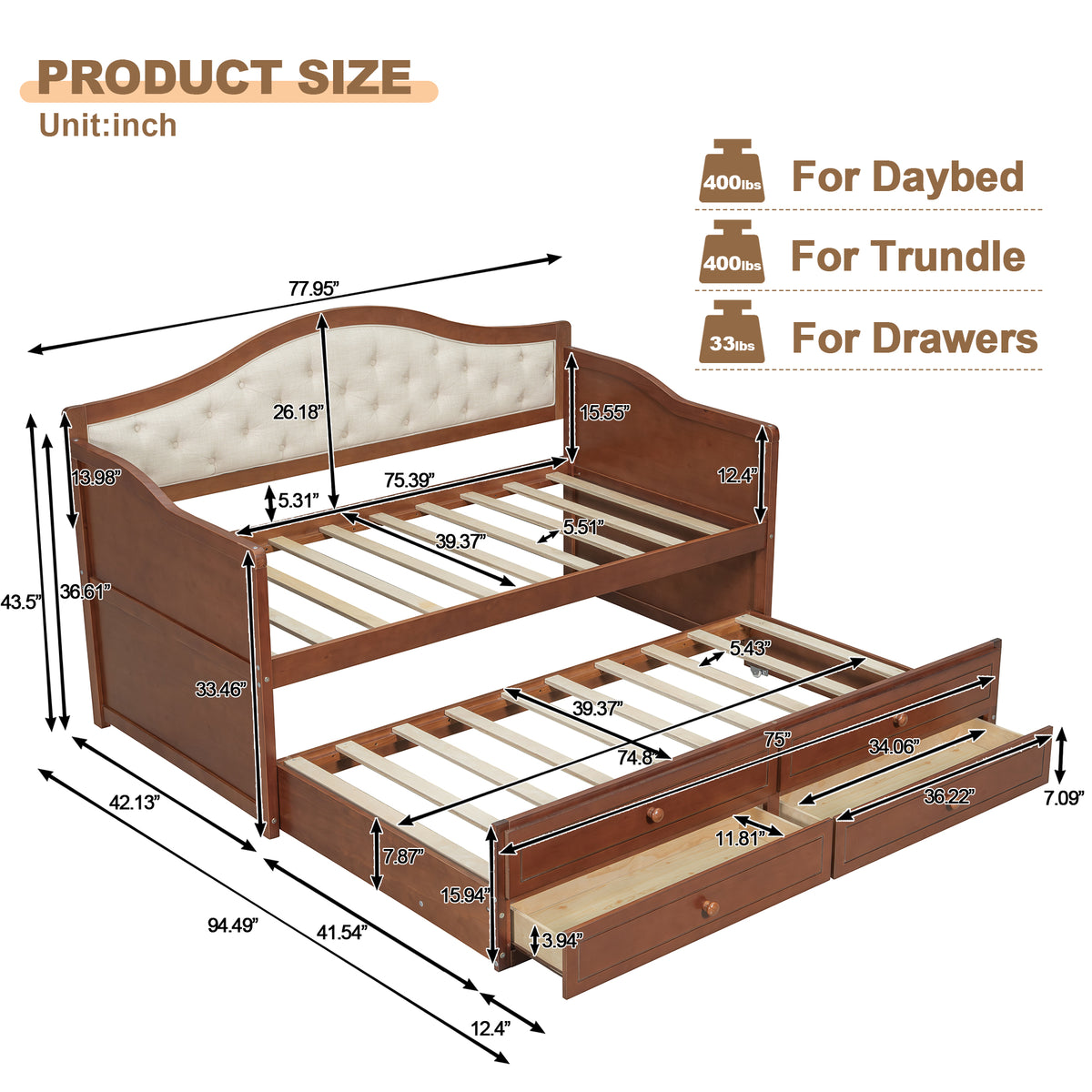 variant-group:rf-n733s346767d|Roomfitters Twin Daybed with Trundle, Wooden Sofa Bed with 2 Storage Drawers & Tufted Backrest, Walnut