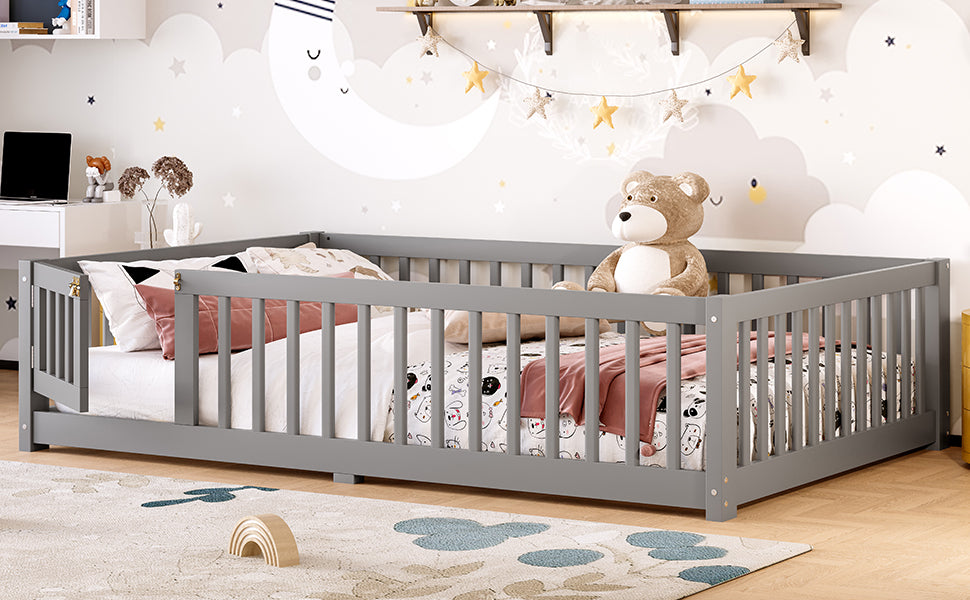 variant-group:rf-w1580p338951|Roomfitters Wooden Full Floor Bed Frame with Door & Safety Guardrails, Low Platform Design for Bedroom or Playroom, Gray