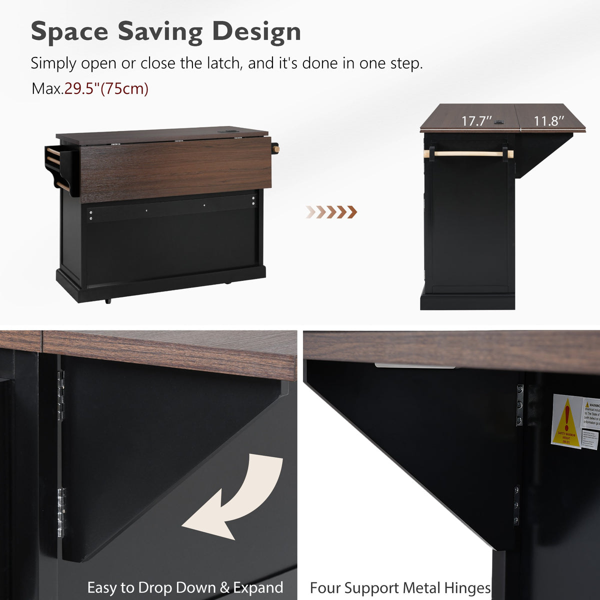 variant-group:rf-n707s300277b|Roomfitters 54.9" Kitchen Island with Drop Leaf, Rolling Kitchen Cart with Barn Door and Glass Door, Storage Cabinet, Black