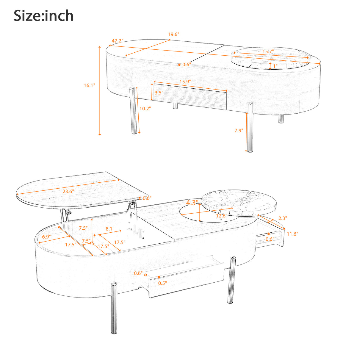 variant-group:rf-n724p228920d|Roomfitters Lift Top Oval Coffee Table with Rotating Marble Tray and Hidden Compartment, Brown