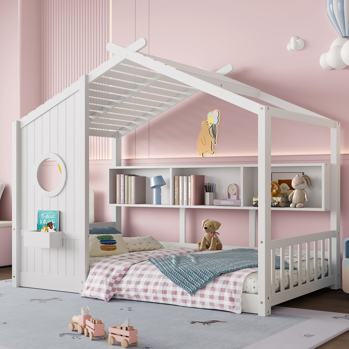 variant-group:rf-n733p335064k|Roomfitters Twin Size Floor House Bed with Storage Shelf and Roof Design, Montessori Playhouse Bed, White