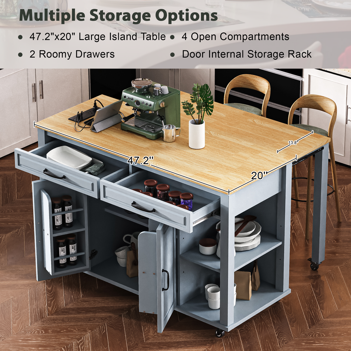 variant-group:rf-n707p215327g|Roomfitters 47" Kitchen Island with Extendable Dining Table, Storage Cabinet, Power Outlet, Rubber Wood Veneer, Grey Blue
