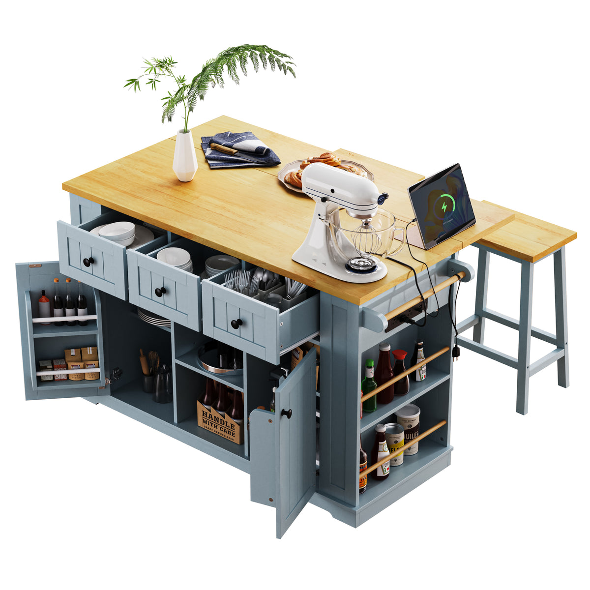 variant-group:rf-n707s003007g|Roomfitters 53" Kitchen Island with 2 Bar Stools, Drop Leaf, Power Outlet, Rolling Kitchen Cart Set with Storage, Grey-Blue