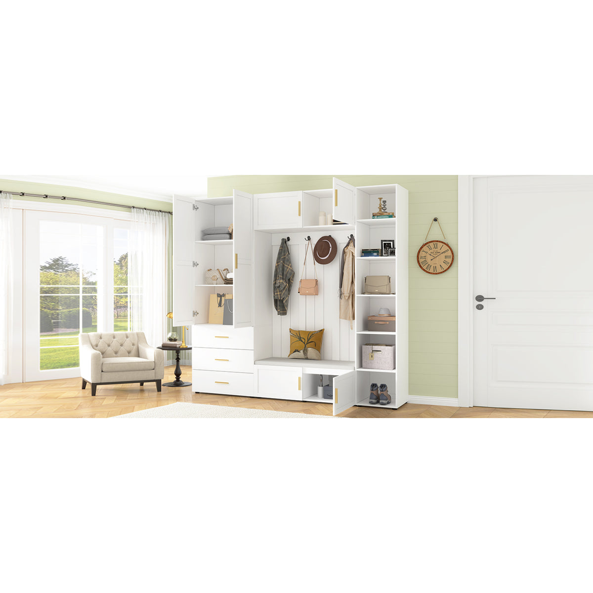 variant-group:rf-n724sj000167aak|Roomfitters American Style Extra-Wide Hall Tree with Padded Cushion Seat, Ancient White
