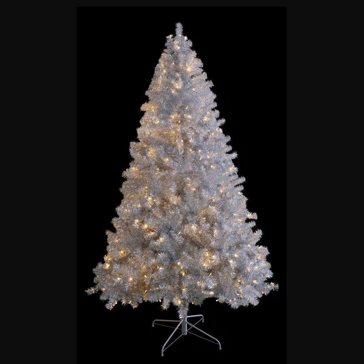 Roomfitters Pre-Lit Artificial Christmas Tree 7.4FT, Full Hinged Holiday Tree with Metal Stand, Warm Lights, 1200 Tips, Silver Roomfitters