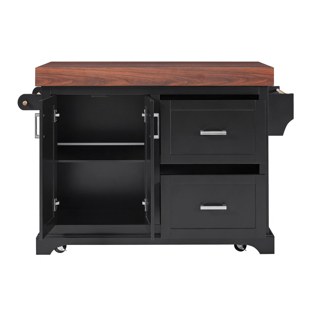 variant-group:rf-n707s000025b|Roomfitters 53" Kitchen Island with Butcher Block Top, Storage Cabinet with Drawers, Spice Rack and Towel Holder, Black
