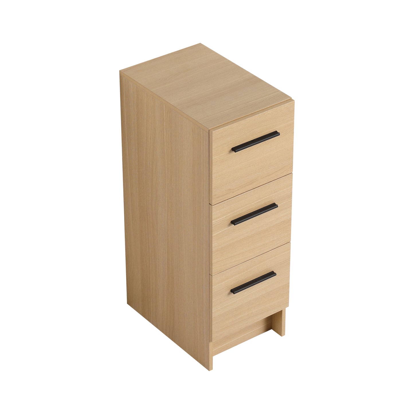 12" Slim Freestanding Bathroom Storage Cabinet, Light Oak, 3 Drawers, Narrow Space Saver Organizer, KD, Includes Black & Brushed Aluminum Handles