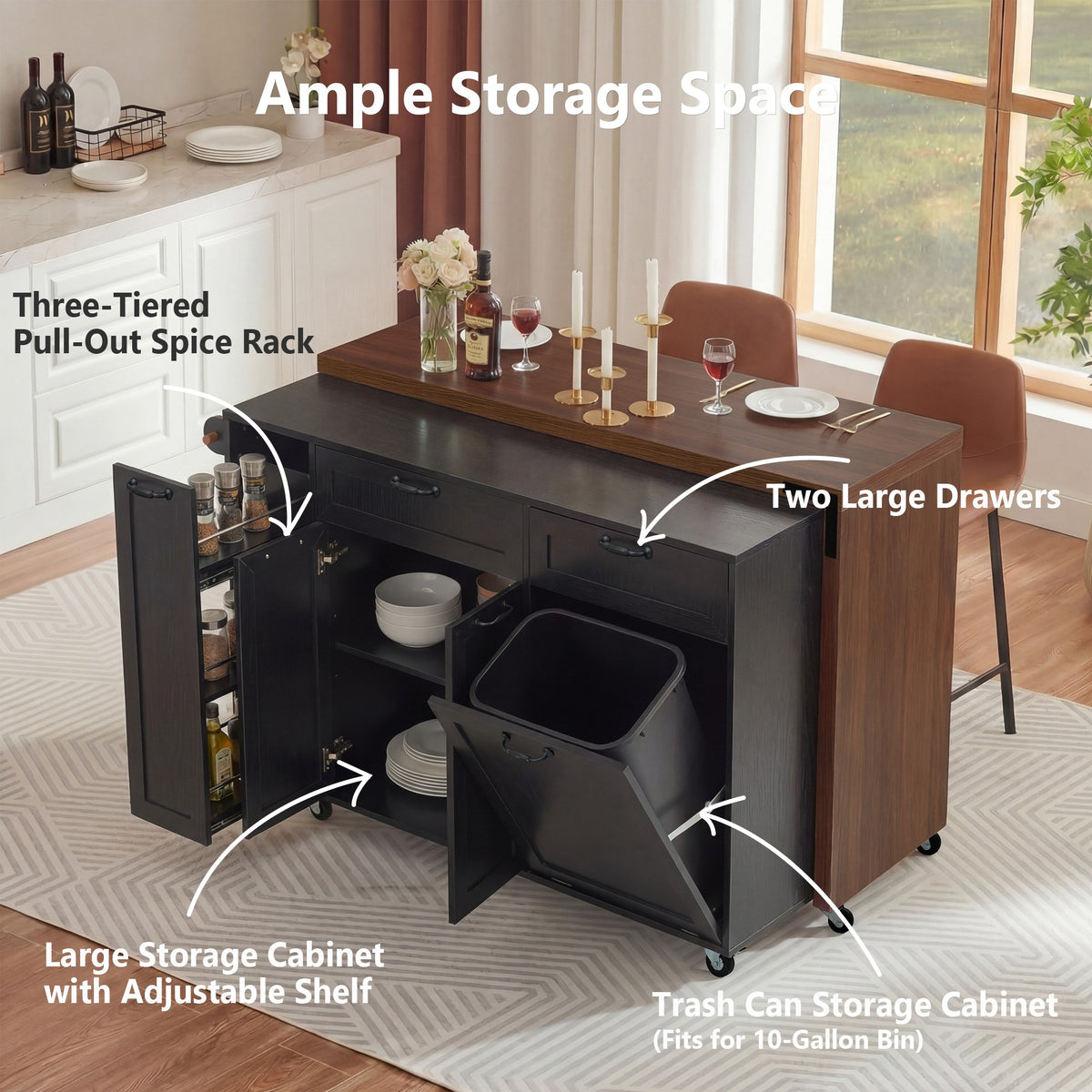 variant-group:rf-n707s000026b|Roomfitters 102.3" Kitchen Island with Tilt Out Trash Can Cabinet, Rolling Storage Cart, Slide-out Spice Rack, Black