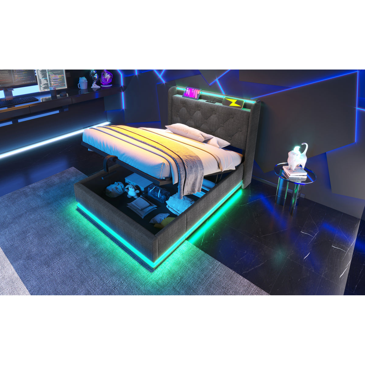 variant-group:rf-n736p188805g|Roomfitters Twin Size Upholstered Storage Bed with USB Type-C Charging and Remote Control, Linen Gray