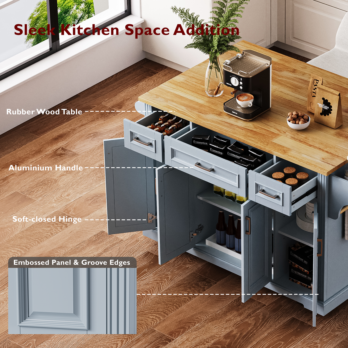 variant-group:rf-n707s195395g|Roomfitters 54" Kitchen Island with Wood Top, Rolling Storage Cabinet with 3 Drawers and 3 Doors, Spice Rack, Grey+Blue