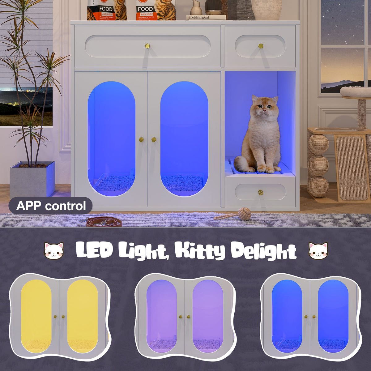 Roomfitters White Chic Sideboard Style Cat Litter Box Enclosure Cabinet with App Controlled LED Lighting Roomfitters