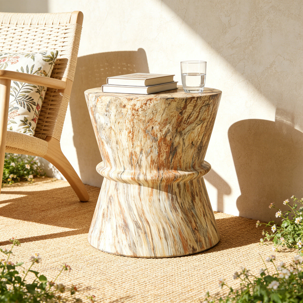 variant-group:rf-n711p422072a|Roomfitters Mid-Century Amber Hourglass Outdoor Side Table, Lightweight Concrete Accent Table, MgO Garden End Table