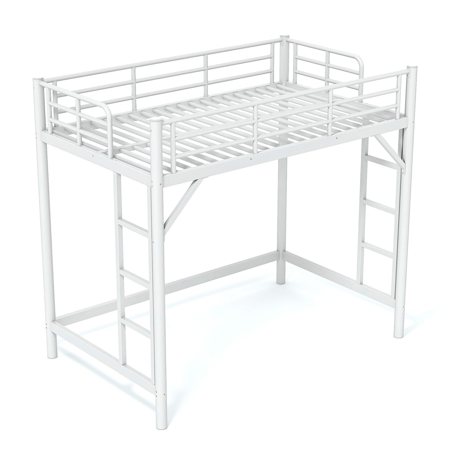 variant-group:rf-w1580p455012|Roomfitters Twin Size Metal Loft Bed Frame with Guardrails, Heavy Duty Space Saving High Loft Bed Dual Ladders, White