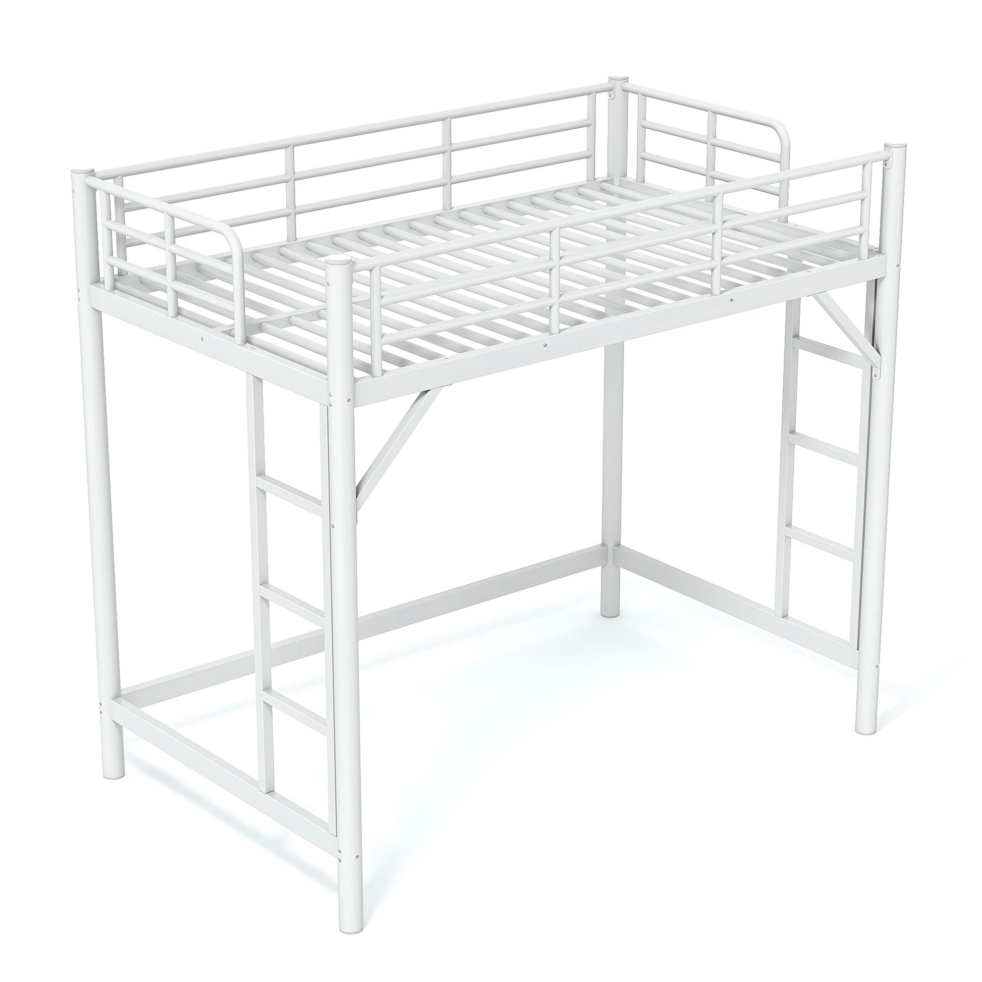 variant-group:rf-w1580p455012|Roomfitters Twin Size Metal Loft Bed Frame with Guardrails, Heavy Duty Space Saving High Loft Bed Dual Ladders, White