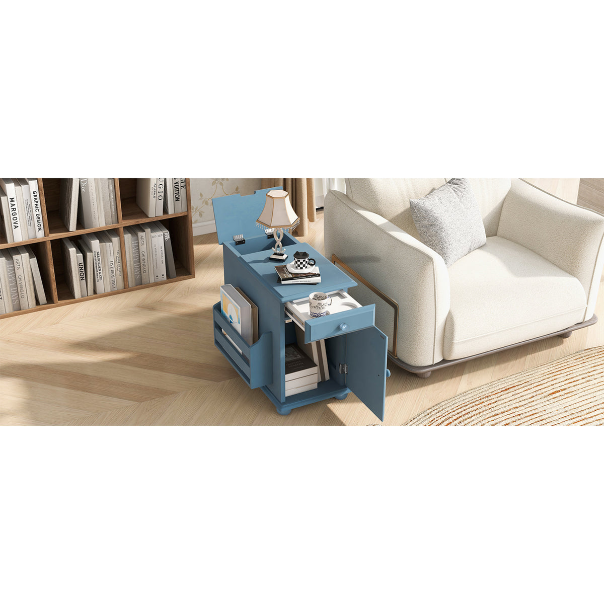 variant-group:rf-n724p293133m|Roomfitters Vintage Sofa Side Table with USB Ports, Flip Top, Cup Holders and Bookshelf Storage for Small Spaces, Navy Blue