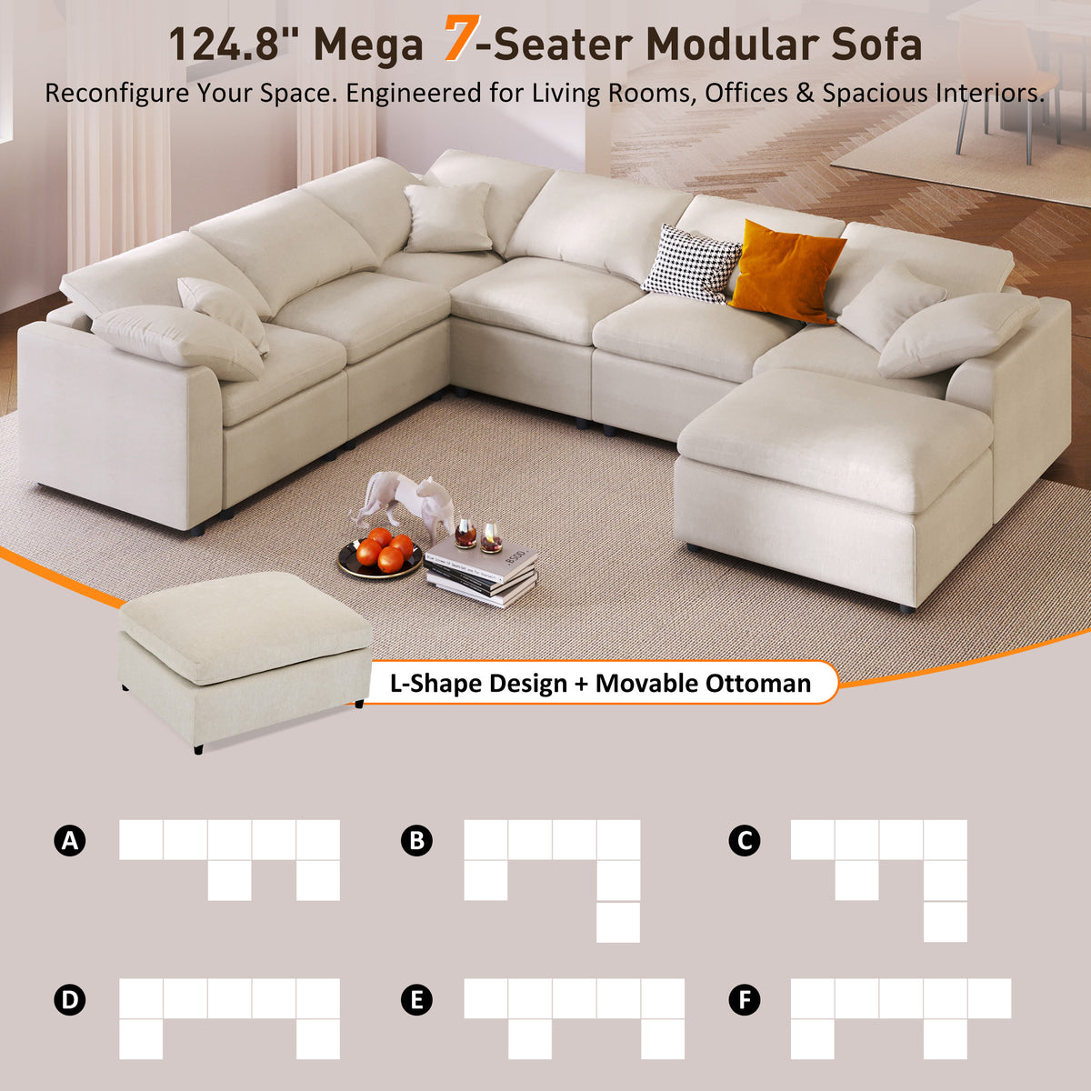 variant-group:rf-n711wy000453aaa|Roomfitters 7-Seater Modular Sectional Sofa with Ottoman, Extra Large L-Shape Chenille Upholstered Couch, Beige