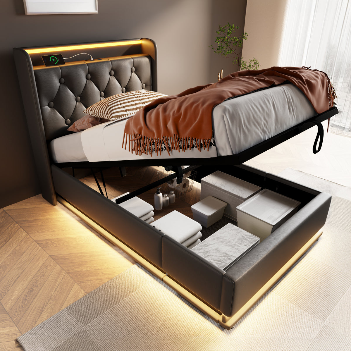 variant-group:rf-n736p188805b|Roomfitters Twin Size Upholstered Storage Bed with USB Type-C Charging and Remote Control, Faux Leather Black