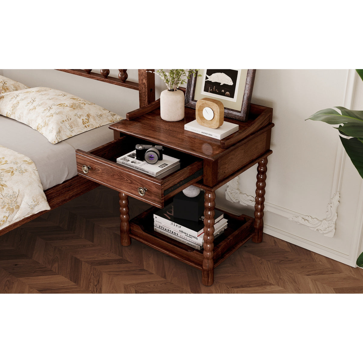 variant-group:rf-n733p206240d|Roomfitters Retro Style Bedside Table with Storage and Open Shelf, Turned Legs, and Metal Handle, Walnut