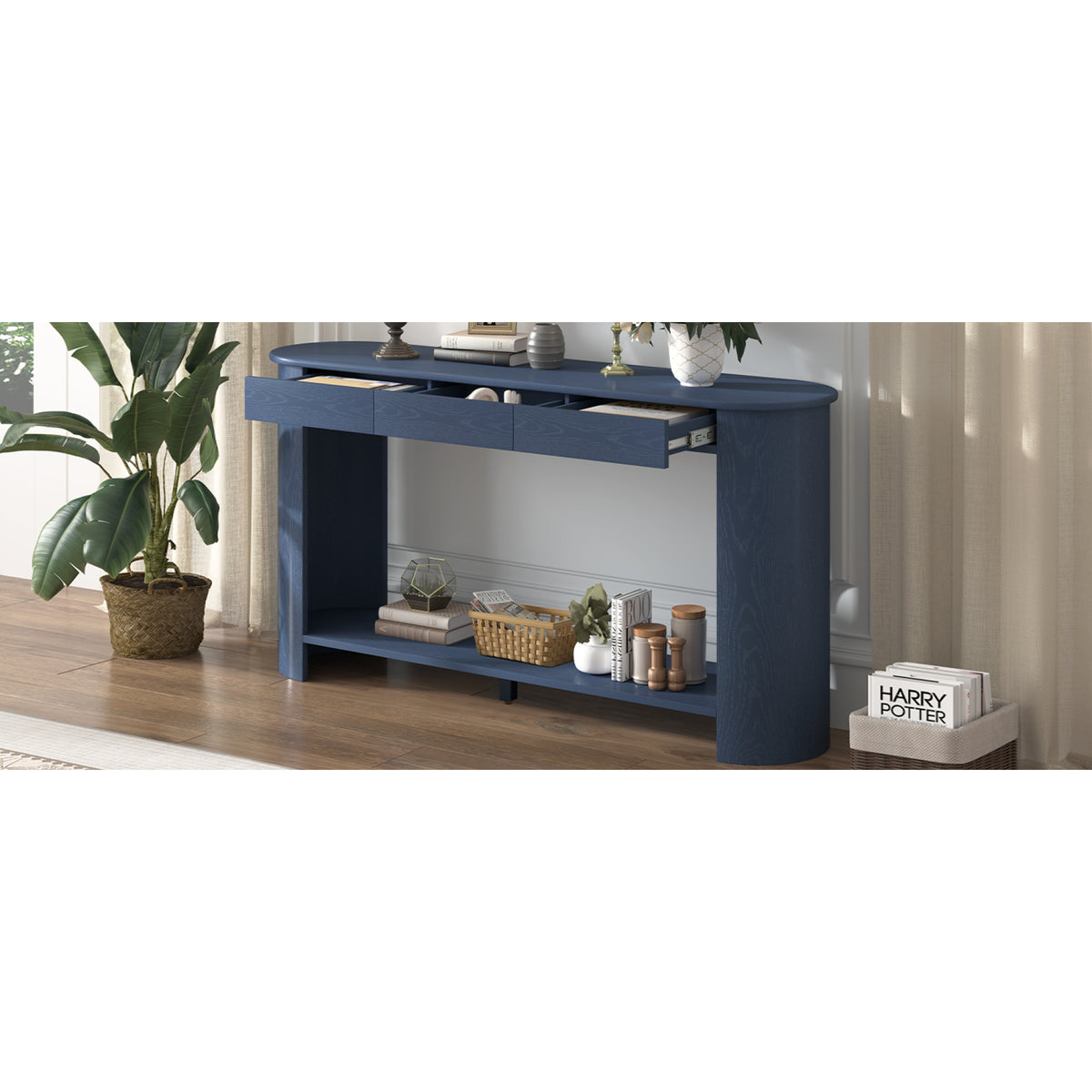 variant-group:rf-n711p395523c|Roomfitters Modern Farmhouse Navy Blue Oak Veneer Semi-Circular Console Table with 3 Drawers and Open Bottom Storage Shelf