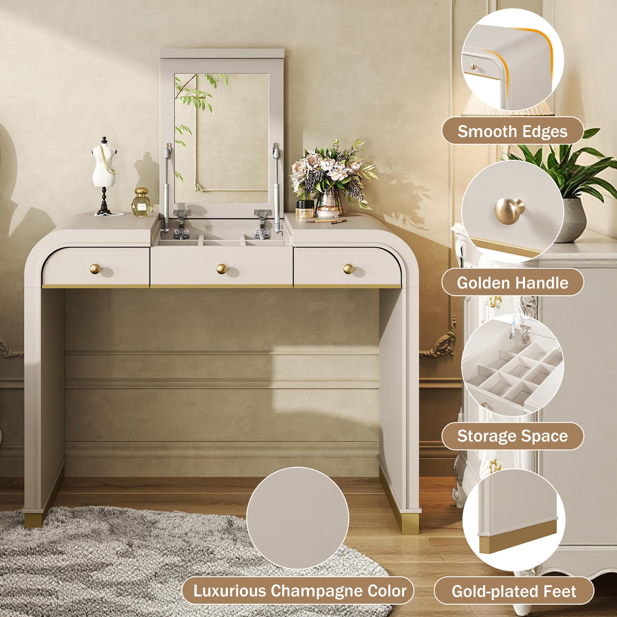 variant-group:rf-n704p381406c|Roomfitters Flip Top Vanity Desk with Mirror and Hidden Storage, Modern Makeup Table with Gold Trim for Small Space, Champagne