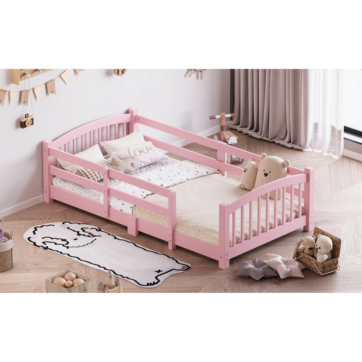 variant-group:rf-n733p400298h|Roomfitters Twin Montessori Floor Bed with Guardrails, Solid Wood Low Platform Bed with Slats, Easy Assembly, Pink