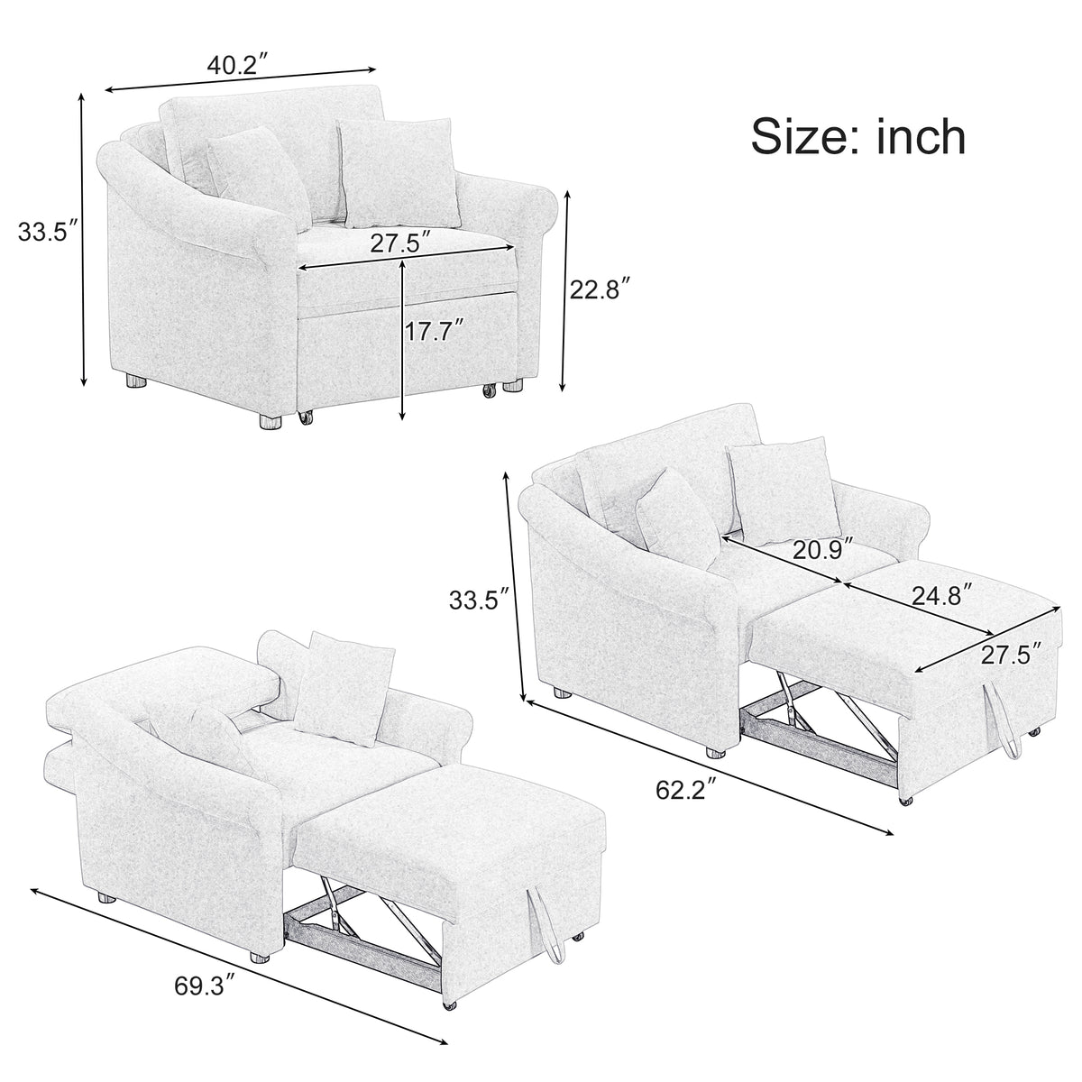 variant-group:rf-n701bs701p468429c|Roomfitters Chenille Convertible Sleeper Chair, 3 in 1 Single Sofa Bed Lounger, Adjustable Backrest Pull Out Bed, Beige
