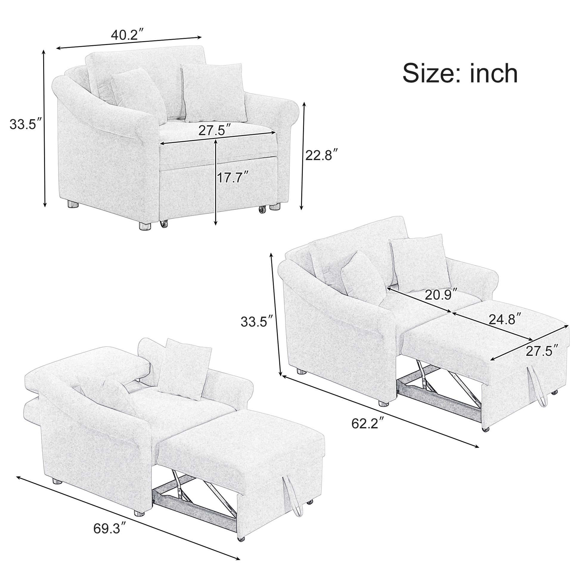 variant-group:rf-n701bs701p468429c|Roomfitters Chenille Convertible Sleeper Chair, 3 in 1 Single Sofa Bed Lounger, Adjustable Backrest Pull Out Bed, Beige