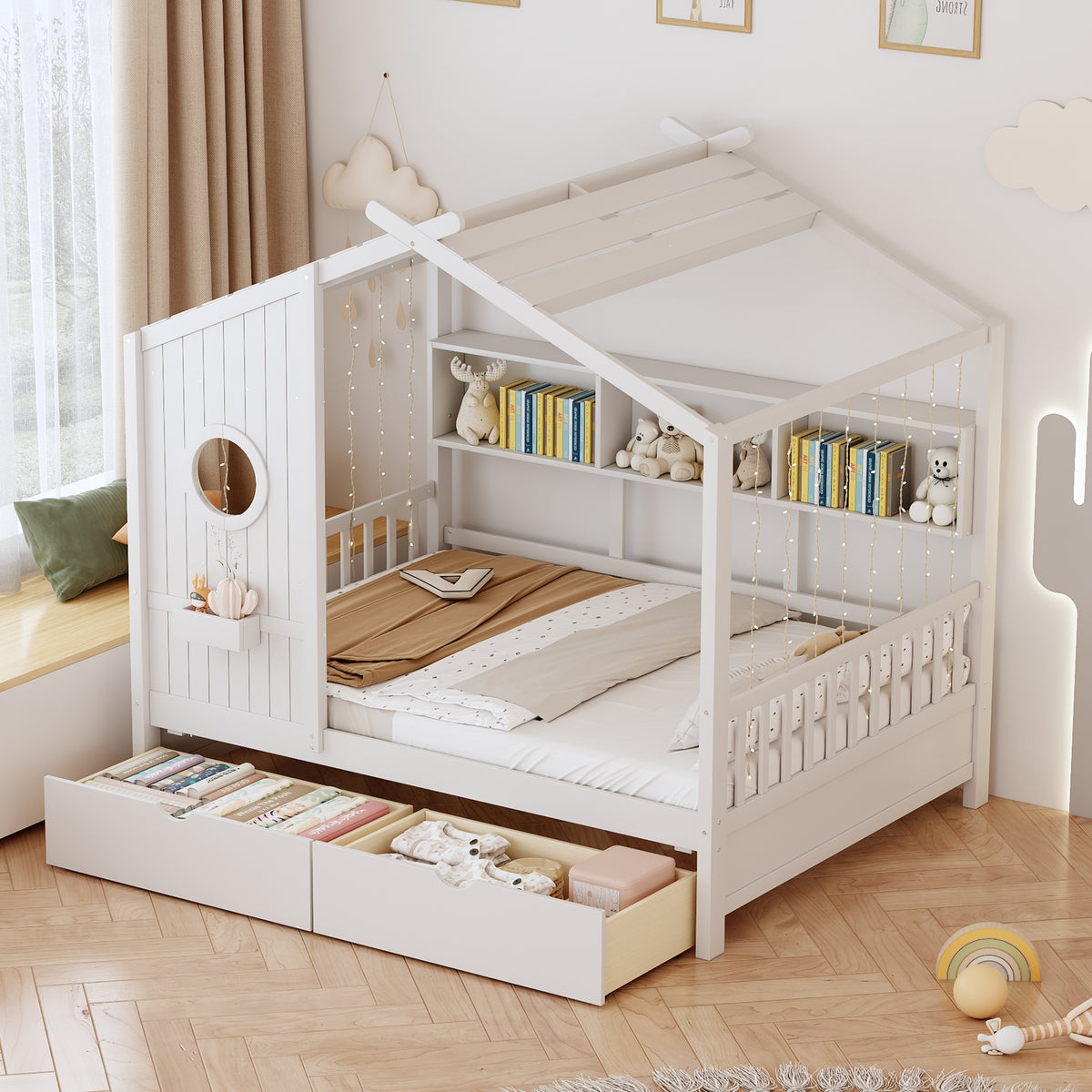 variant-group:rf-n733s308487k|Roomfitters Wooden Full Size House Bed with 2 Drawers and Storage Shelf, White