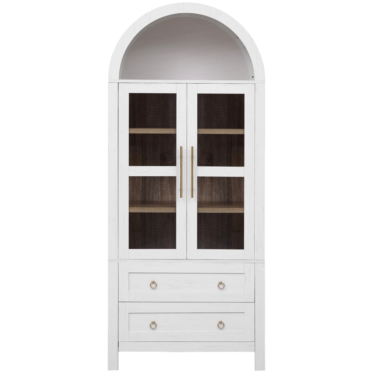 variant-group:rf-n707p288972w|Roomfitters 71" Pantry Cabinet with Arched Top and Glass Doors, 2 Storage Drawers and Adjustable Shelves for Kitchen, White