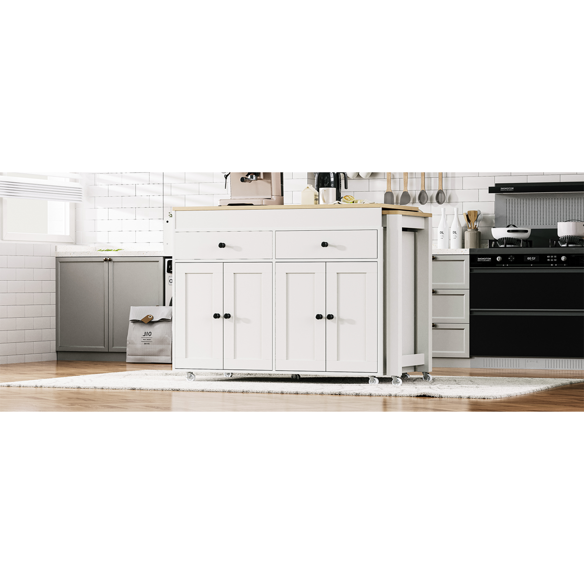 variant-group:rf-n707p333291w|Roomfitters 74.8" Rolling Kitchen Island with Extendable Dining Table, Mobile Cart with 4 Doors, 2 Drawers & Spice Rack, White
