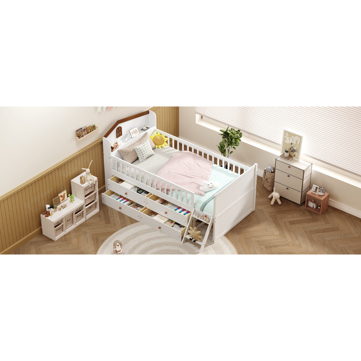 variant-group:rf-n733s278032k|Roomfitters Twin Platform Bed Frame with Four Drawers, Wooden Kids Bed with Guardrail Headboard and Ladder, White