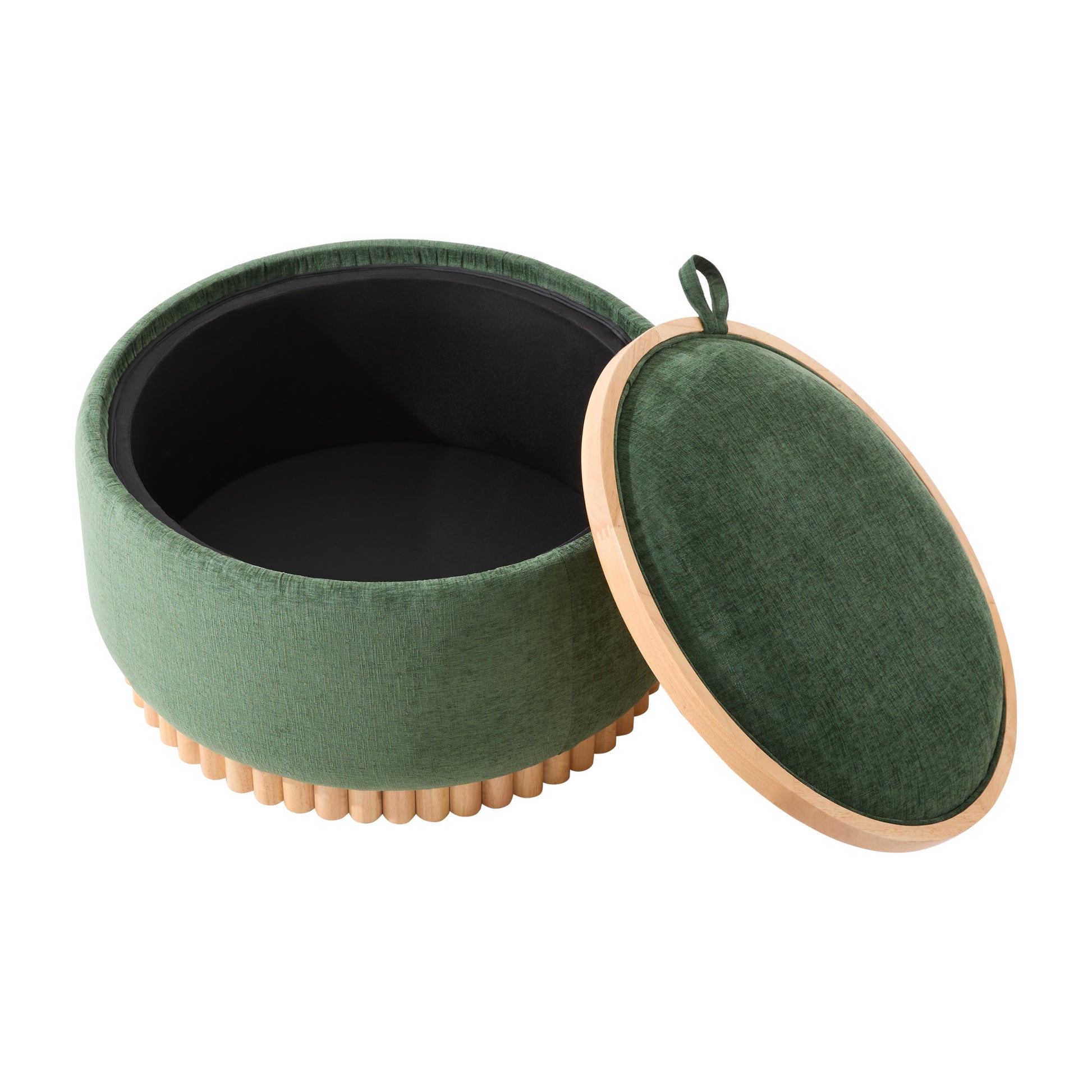 variant-group:rf-n723p405304g|Roomfitters 29 Inch Round Storage Ottoman with Reversible Wooden Tray Top, Upholstered Coffee Table for Living Room, Green