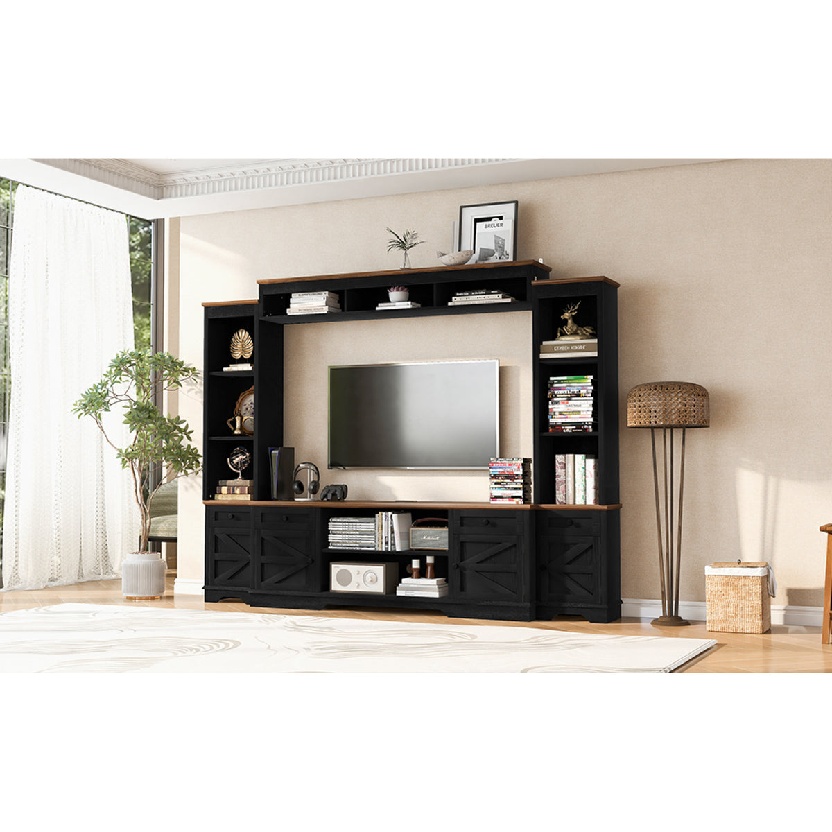 variant-group:rf-n724sj000154aab|Roomfitters 98.8"W Farmhouse Wall Unit Entertainment Center, 4 Barn Doors, Black & Brown