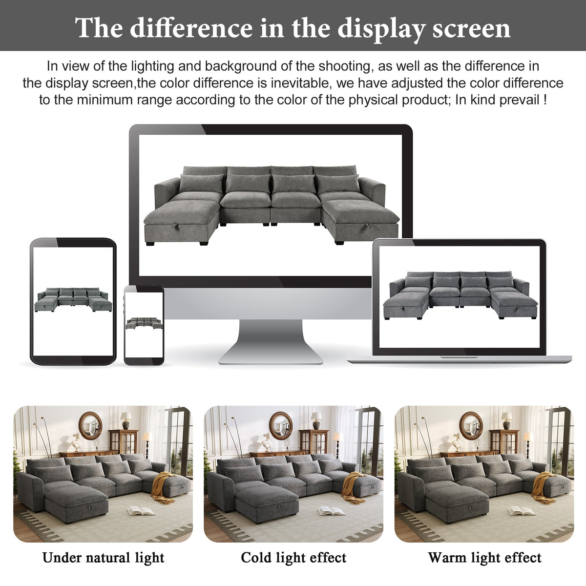 Roomfitters U-Shaped Modular Corner Sofa with Two Ottomans, Freely Transformable for Living Rooms, Studies, Home Theaters, Gray Roomfitters