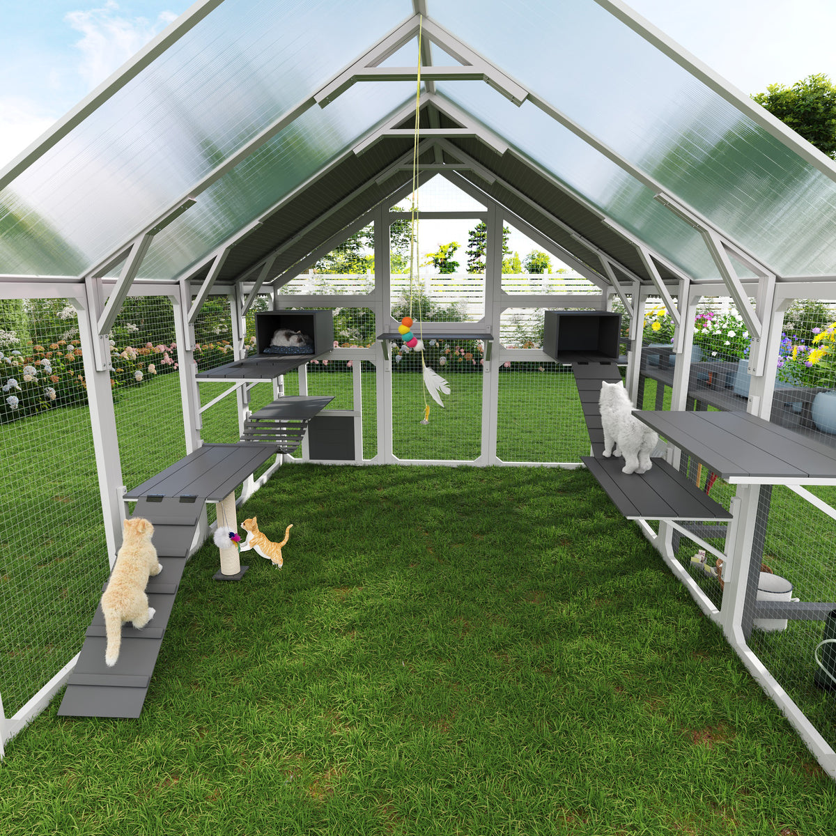 variant-group:rf-n704g201619k|Roomfitters Large Outdoor Cat House with Detachable Planter Stand and Scratching Posts Gray & White