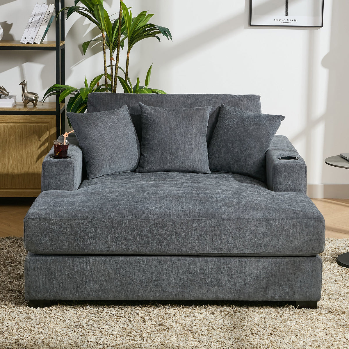 Roomfitters Oversized Chaise Lounger Sofa Couch, Upholstered Accent Chair Charge Station Cup Holders, Blue Gray