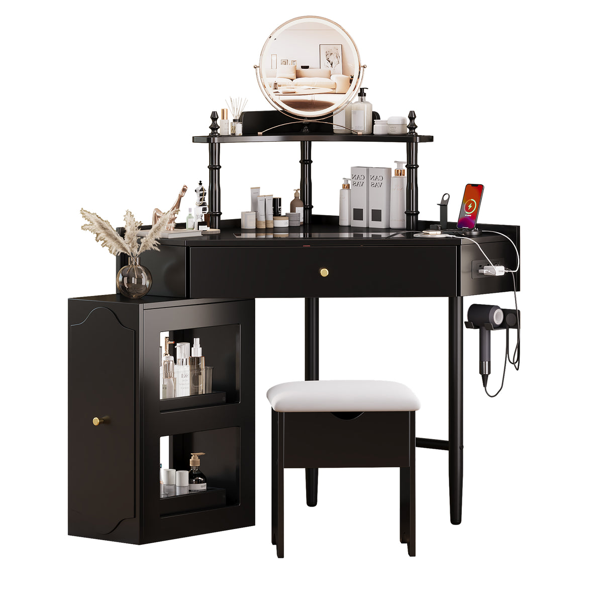 variant-group:rf-n733p336237b|Roomfitters Corner Vanity Desk Set with Stool, Charging Station, Glass Top, Drawer, Shelf, Pull-Out Cabinet, Black